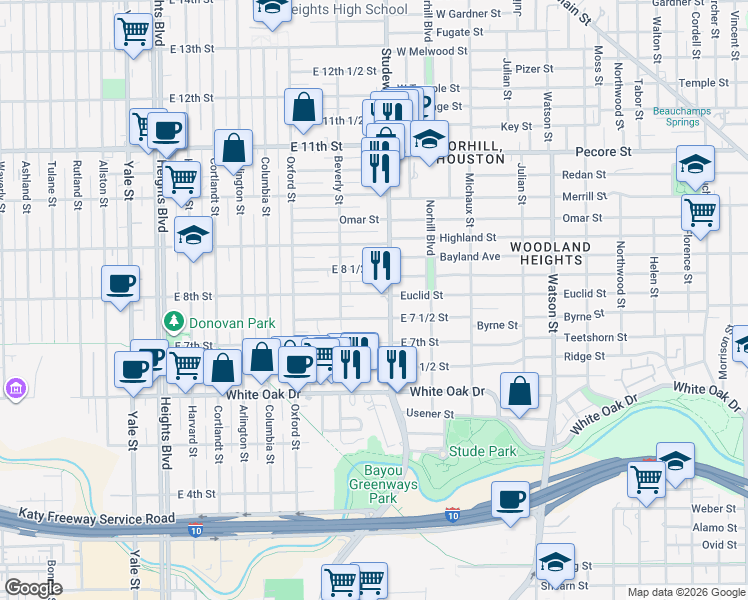 map of restaurants, bars, coffee shops, grocery stores, and more near 734 East 8th Street in Houston