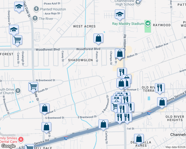 map of restaurants, bars, coffee shops, grocery stores, and more near 15635 North Brentwood Street in Channelview