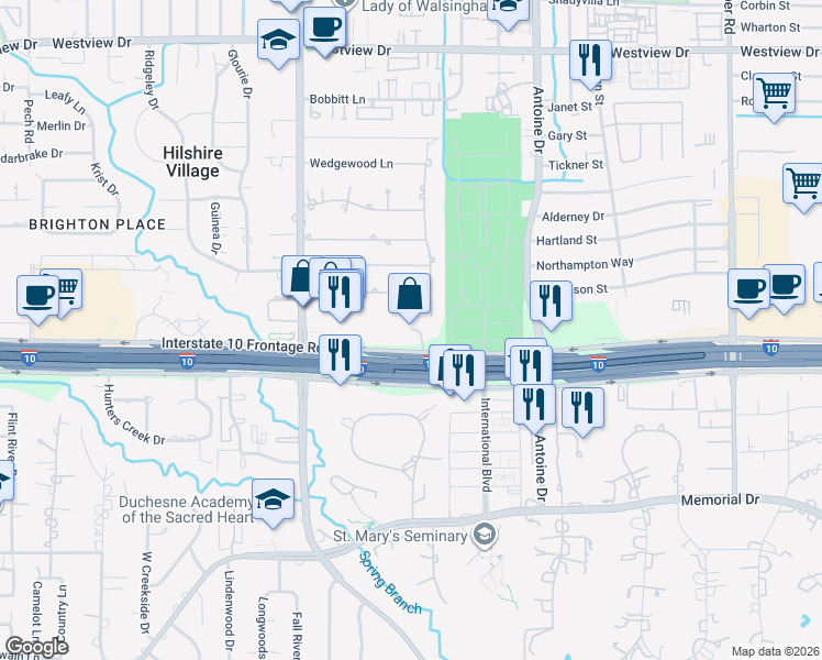 map of restaurants, bars, coffee shops, grocery stores, and more near 8020 Katy Freeway in Houston