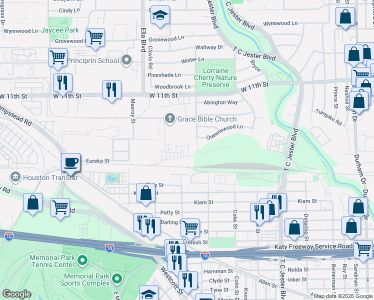 map of restaurants, bars, coffee shops, grocery stores, and more near 823 Shirkmere Road in Houston