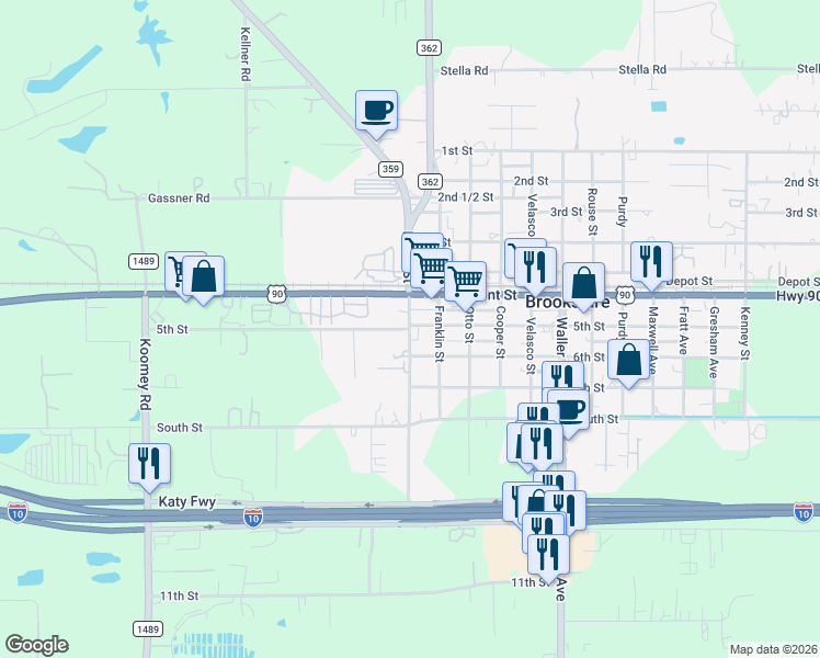 map of restaurants, bars, coffee shops, grocery stores, and more near 820 Bains Street in Brookshire