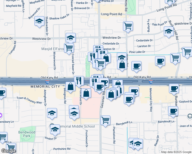 map of restaurants, bars, coffee shops, grocery stores, and more near 10064 Interstate 10 Frontage Road in Houston