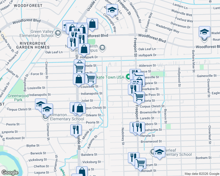 map of restaurants, bars, coffee shops, grocery stores, and more near 13704 Longview Street in Houston
