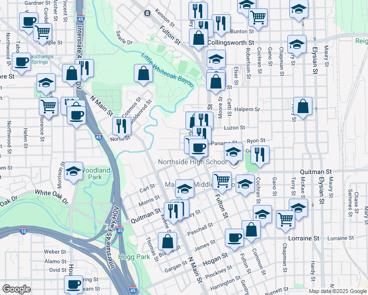 map of restaurants, bars, coffee shops, grocery stores, and more near 906 1/2 Panama Street in Houston