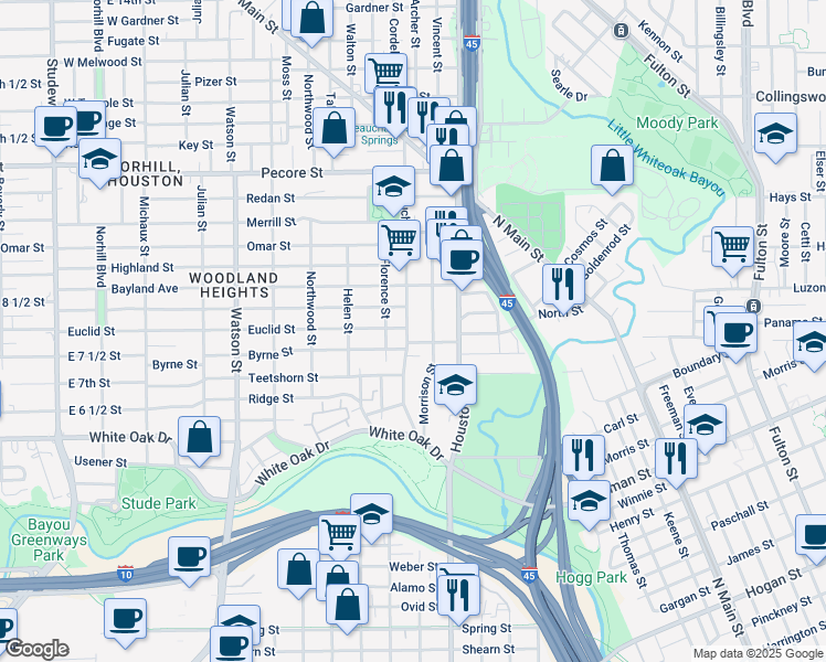 map of restaurants, bars, coffee shops, grocery stores, and more near 2914 Beauchamp Street in Houston