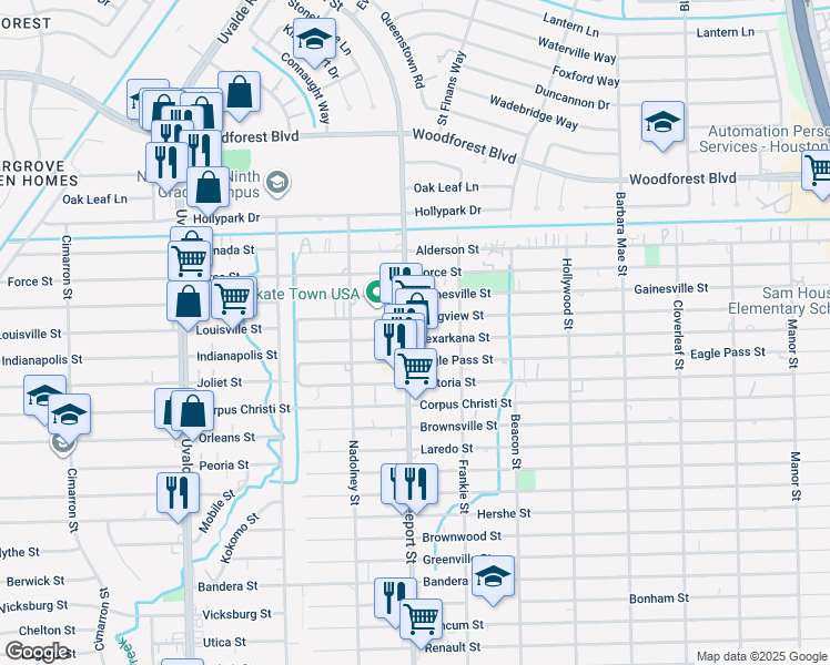 map of restaurants, bars, coffee shops, grocery stores, and more near 627 Freeport Street in Houston
