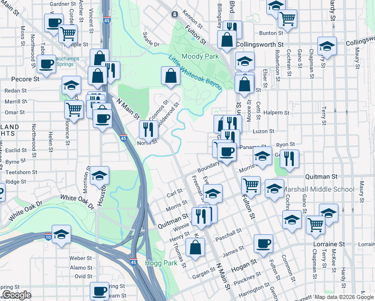 map of restaurants, bars, coffee shops, grocery stores, and more near 805 McIntosh Street in Houston