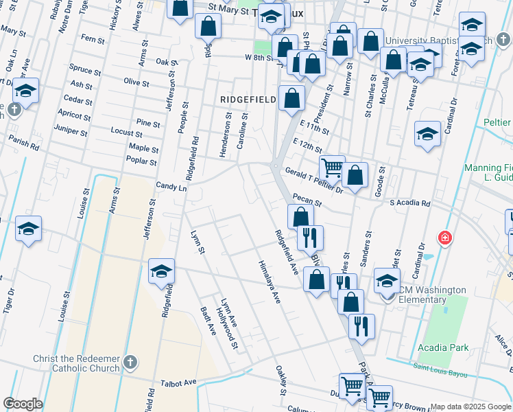 map of restaurants, bars, coffee shops, grocery stores, and more near 1300 Ridgefield Avenue in Thibodaux
