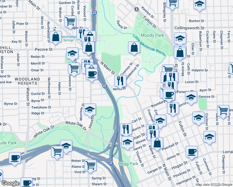 map of restaurants, bars, coffee shops, grocery stores, and more near 306 North Street in Houston