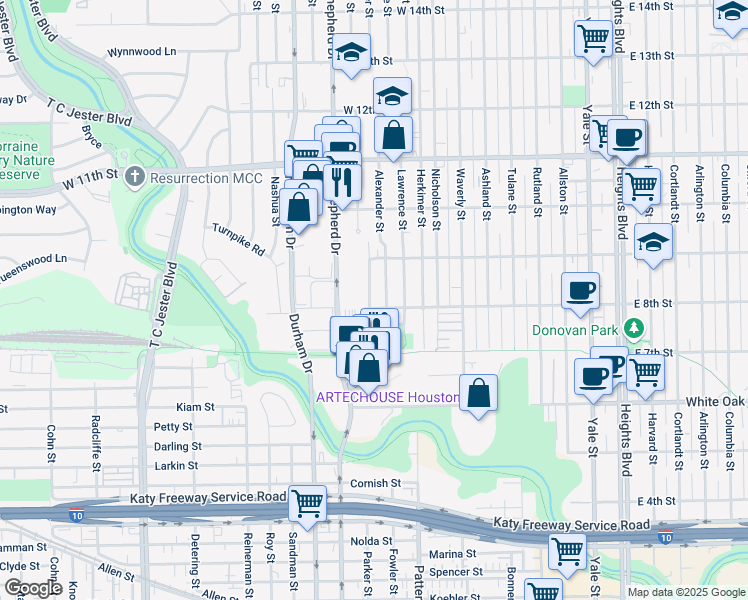 map of restaurants, bars, coffee shops, grocery stores, and more near 810 Alexander Street in Houston