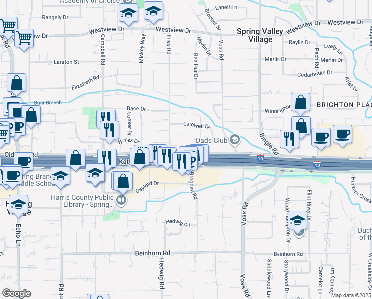 map of restaurants, bars, coffee shops, grocery stores, and more near 8801 Echo Valley Drive in Houston