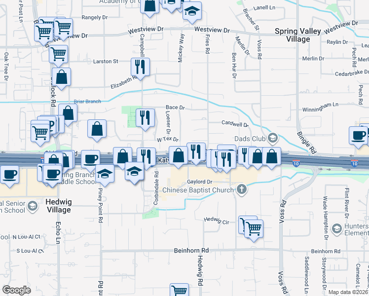 map of restaurants, bars, coffee shops, grocery stores, and more near 1011 Traweek Drive in Houston