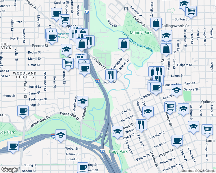 map of restaurants, bars, coffee shops, grocery stores, and more near 306 North Street in Houston