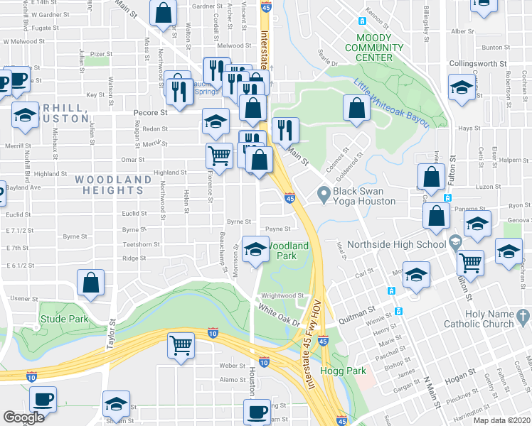map of restaurants, bars, coffee shops, grocery stores, and more near 107 North Street in Houston