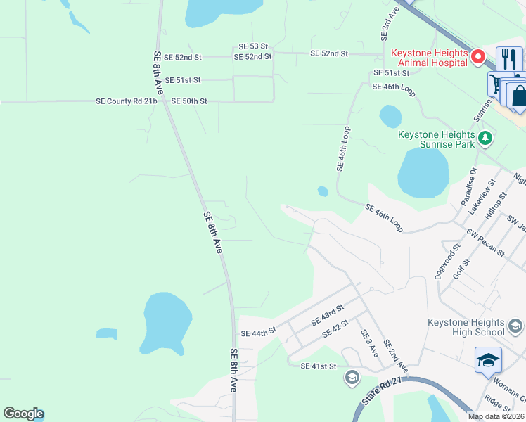 map of restaurants, bars, coffee shops, grocery stores, and more near 4755 Southeast 6th Lane in Keystone Heights