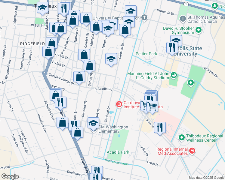 map of restaurants, bars, coffee shops, grocery stores, and more near 1301 Cardinal Drive in Thibodaux
