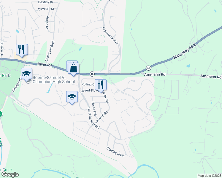 map of restaurants, bars, coffee shops, grocery stores, and more near 136 Cimarron Creek in Boerne
