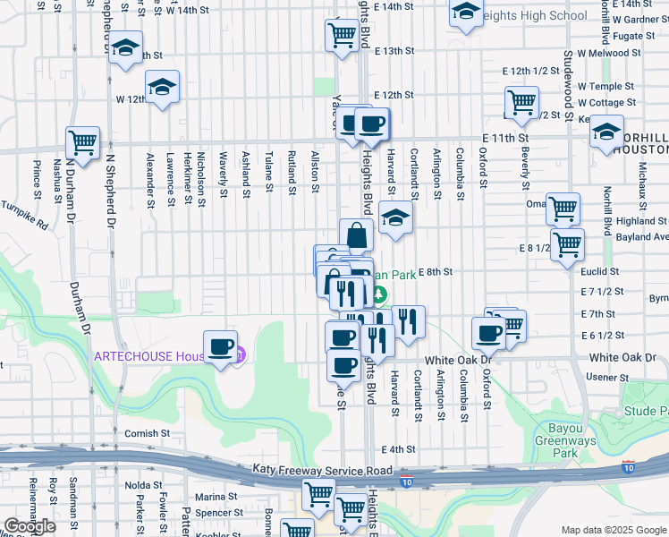 map of restaurants, bars, coffee shops, grocery stores, and more near 115 West 8th Street in Houston
