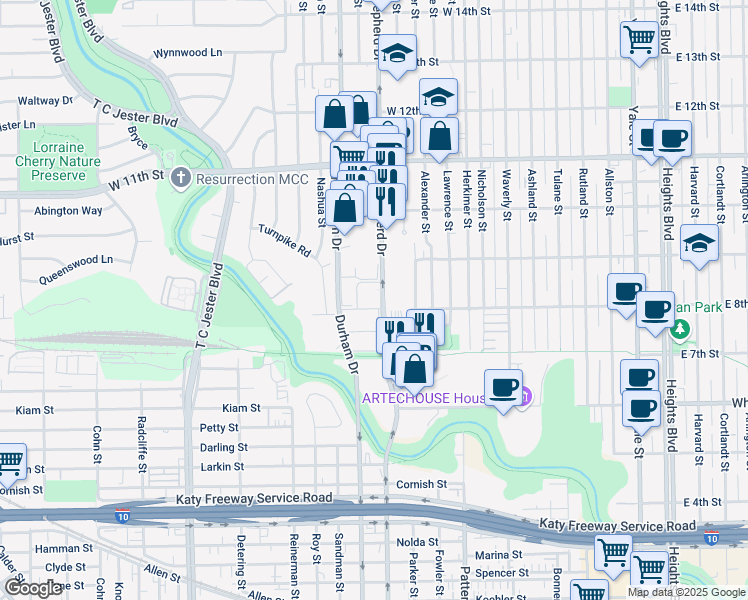 map of restaurants, bars, coffee shops, grocery stores, and more near 767 North Shepherd Drive in Houston