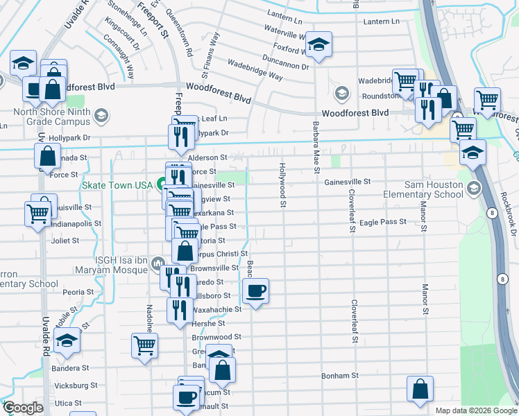 map of restaurants, bars, coffee shops, grocery stores, and more near 14115 Texarkana Street in Houston