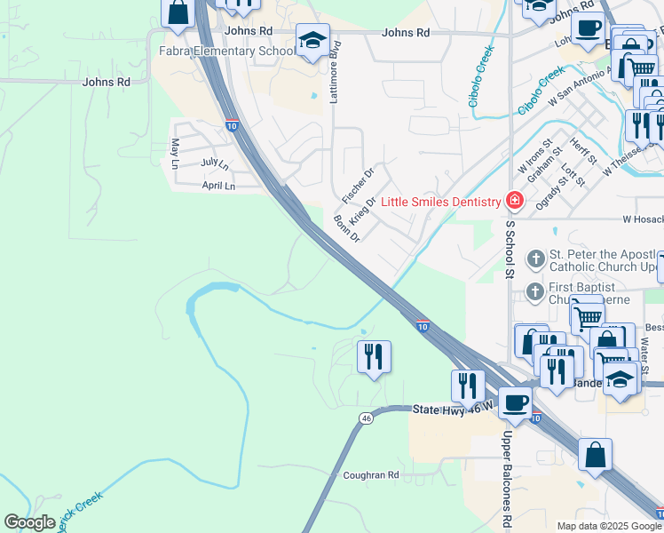 map of restaurants, bars, coffee shops, grocery stores, and more near 36025 Interstate 10 Frontage Road in Boerne