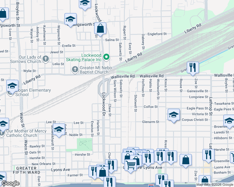 map of restaurants, bars, coffee shops, grocery stores, and more near 2607 Sam Wilson Street in Houston