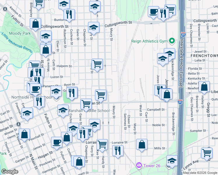 map of restaurants, bars, coffee shops, grocery stores, and more near 1814 Ryon Street in Houston