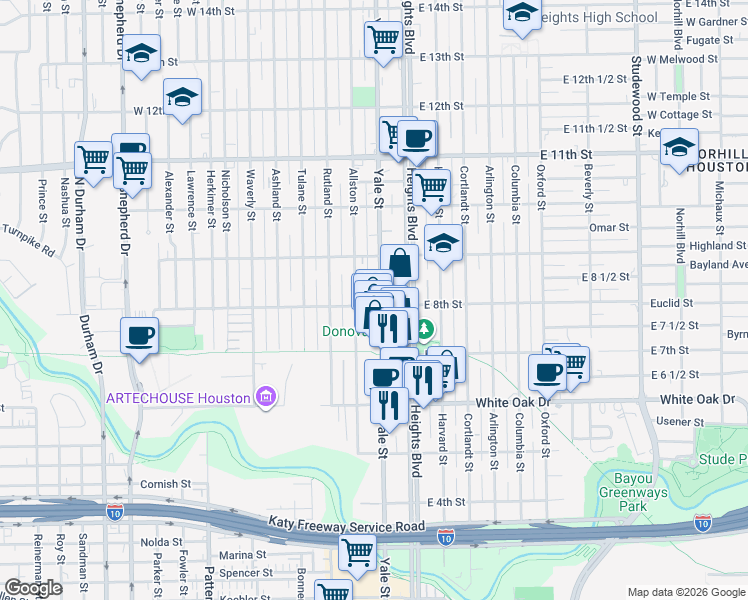 map of restaurants, bars, coffee shops, grocery stores, and more near 803 Yale Street in Houston