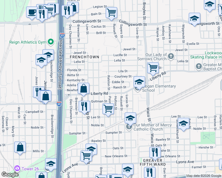 map of restaurants, bars, coffee shops, grocery stores, and more near 3806 Ranch Street in Houston