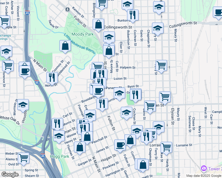 map of restaurants, bars, coffee shops, grocery stores, and more near 1116 Panama Street in Houston