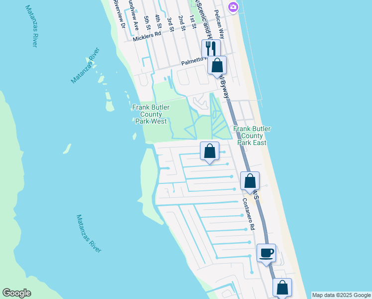 map of restaurants, bars, coffee shops, grocery stores, and more near 255 Majorca Road in St. Augustine