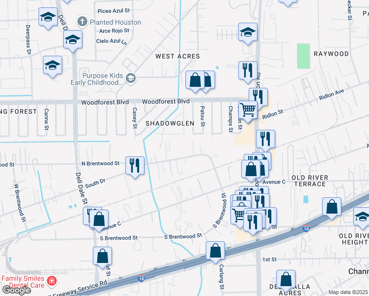 map of restaurants, bars, coffee shops, grocery stores, and more near 15615 North Brentwood Street in Channelview