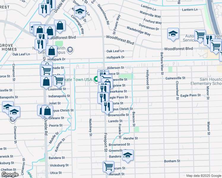 map of restaurants, bars, coffee shops, grocery stores, and more near 627 Freeport Street in Houston