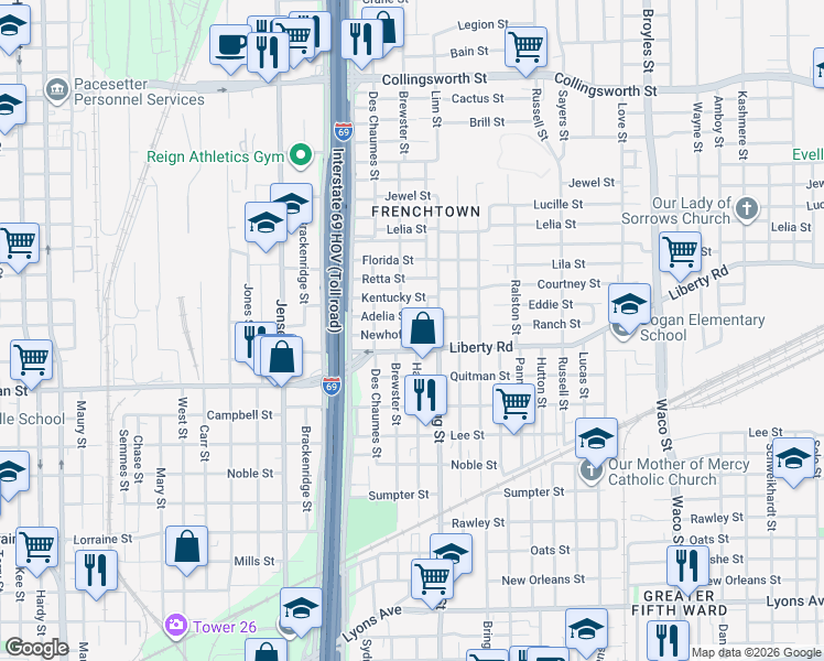 map of restaurants, bars, coffee shops, grocery stores, and more near 2600 Brewster Street in Houston