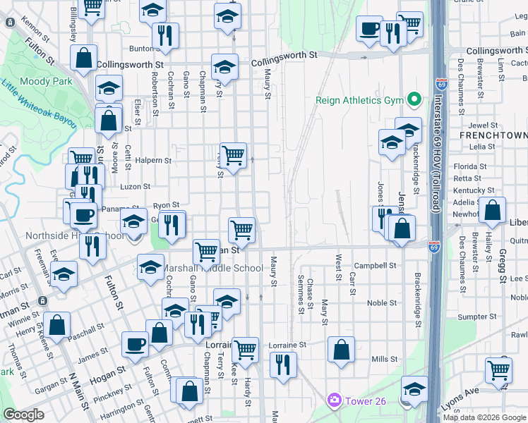 map of restaurants, bars, coffee shops, grocery stores, and more near 1814 Ryon Street in Houston