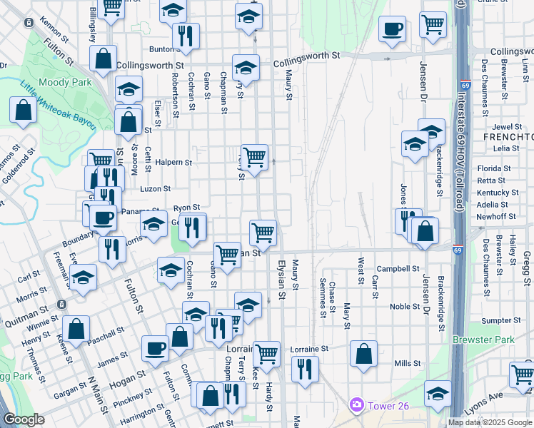 map of restaurants, bars, coffee shops, grocery stores, and more near 2702 Hardy Street in Houston