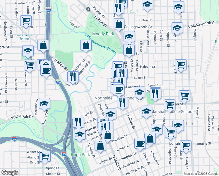map of restaurants, bars, coffee shops, grocery stores, and more near 906 1/2 Panama Street in Houston