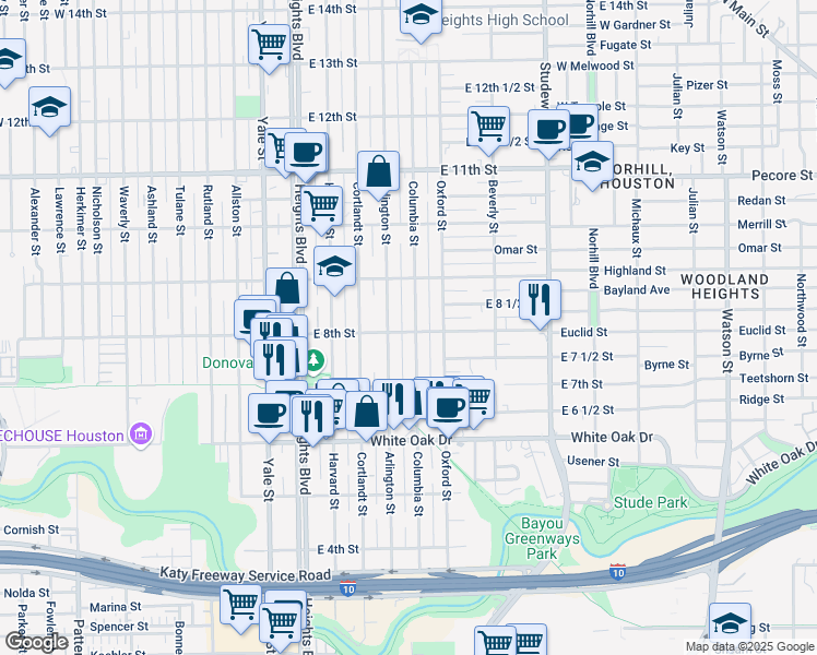 map of restaurants, bars, coffee shops, grocery stores, and more near 802 Arlington Street in Houston