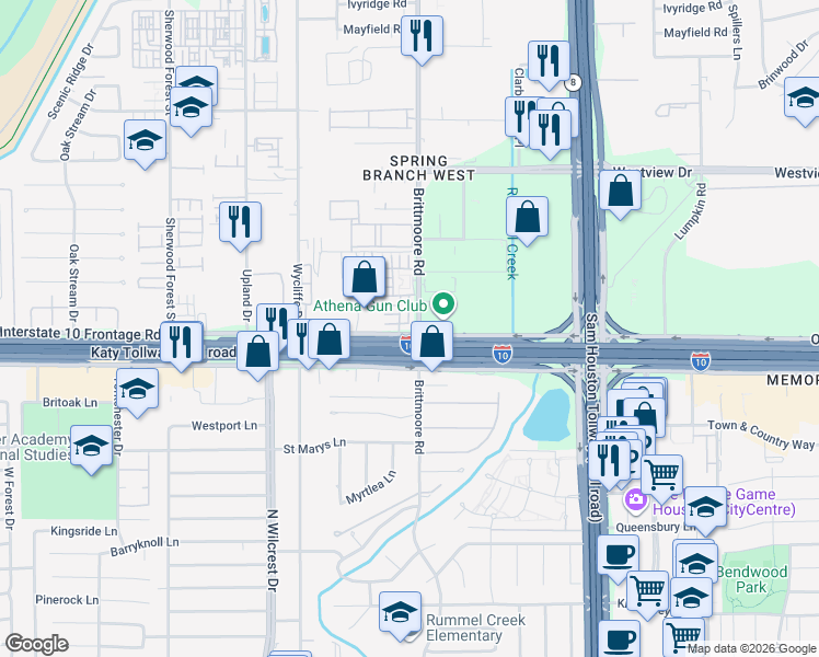 map of restaurants, bars, coffee shops, grocery stores, and more near in Houston