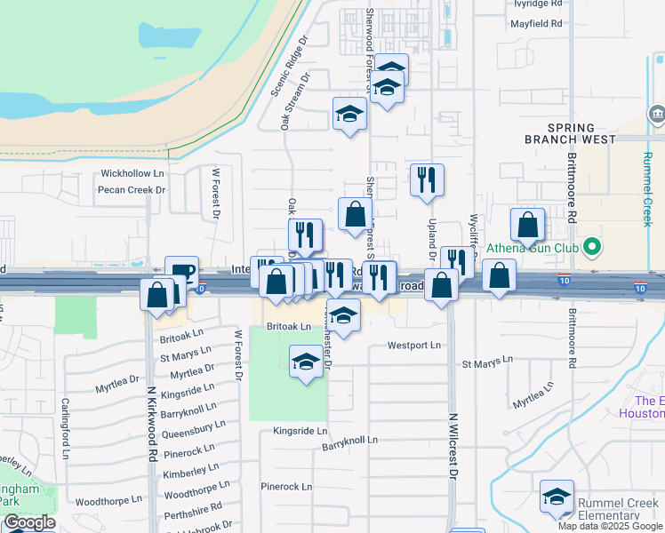 map of restaurants, bars, coffee shops, grocery stores, and more near 84 East Tri Oaks Lane in Houston