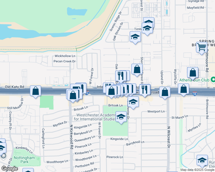 map of restaurants, bars, coffee shops, grocery stores, and more near 233 West Tri Oaks Lane in Houston