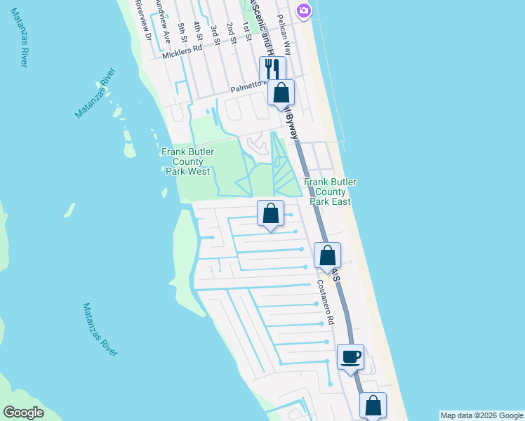 map of restaurants, bars, coffee shops, grocery stores, and more near 231 Majorca Road in St. Augustine