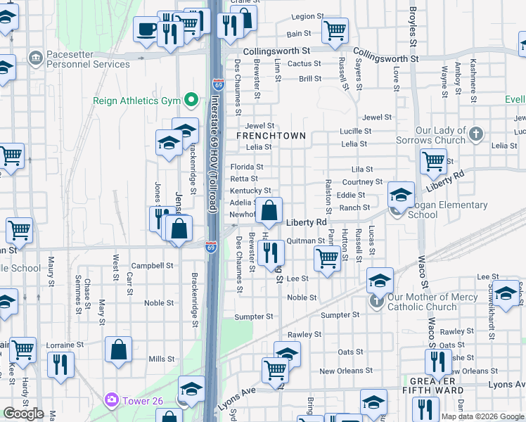 map of restaurants, bars, coffee shops, grocery stores, and more near 2600 Brewster Street in Houston