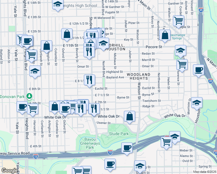 map of restaurants, bars, coffee shops, grocery stores, and more near 1015 Euclid Street in Houston