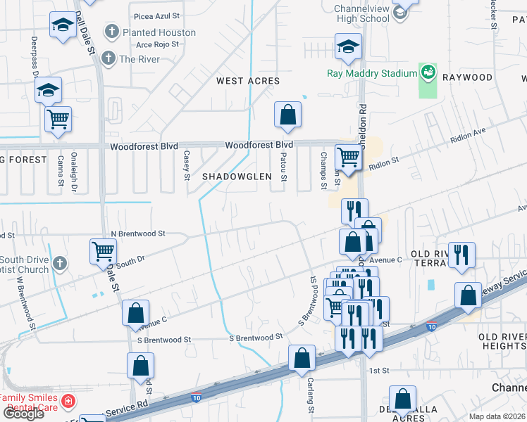 map of restaurants, bars, coffee shops, grocery stores, and more near 15635 North Brentwood Street in Channelview