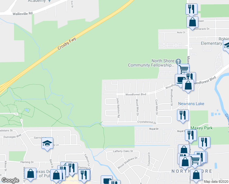 map of restaurants, bars, coffee shops, grocery stores, and more near 11662 Woodbuck Trail in Houston