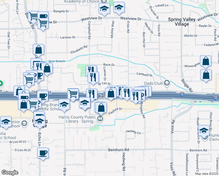 map of restaurants, bars, coffee shops, grocery stores, and more near 1011 Traweek Drive in Houston