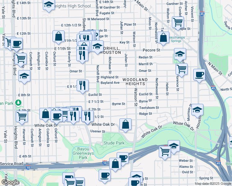 map of restaurants, bars, coffee shops, grocery stores, and more near 935 Euclid Street in Houston