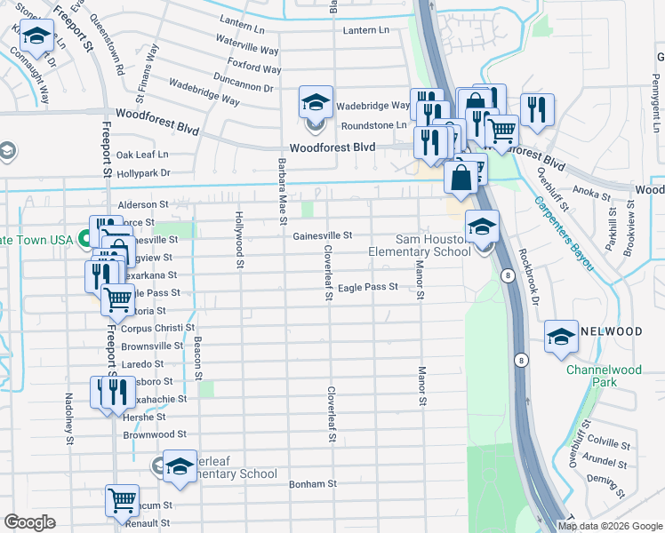map of restaurants, bars, coffee shops, grocery stores, and more near 14403 Texarkana Street in Houston