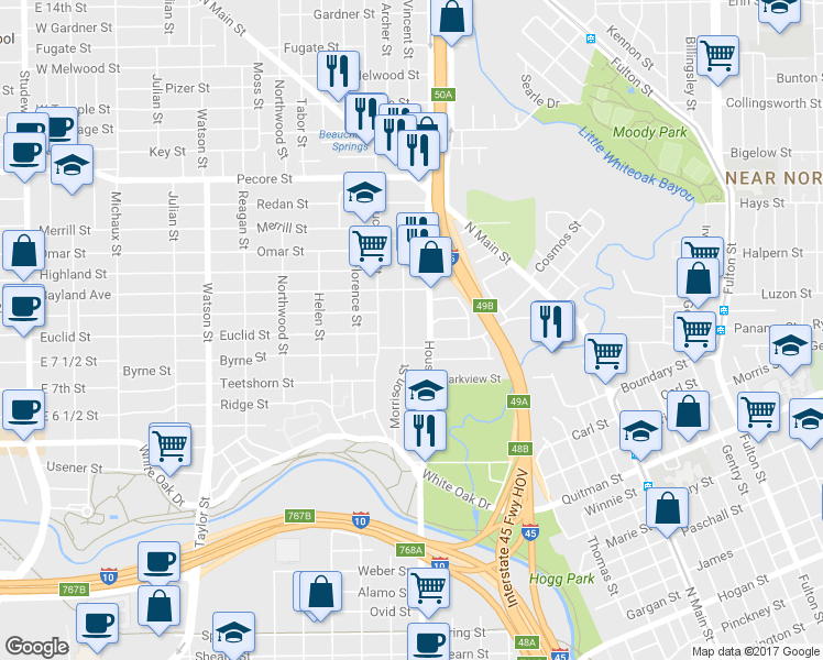 map of restaurants, bars, coffee shops, grocery stores, and more near 3004 Morrison Street in Houston